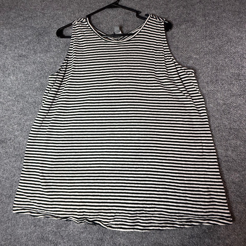 Market & Spruce Womens 2X Linen Blend Striped Tank Keyhole Back Tie Black White